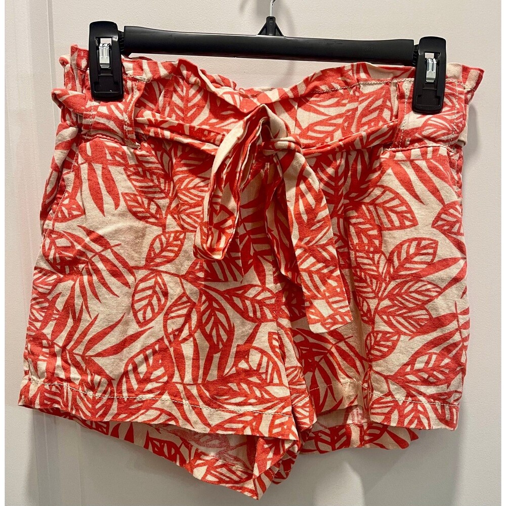 Cali 1850 Belted Paperbag Shorts Linen Blend Ladies Small Orange/Beige